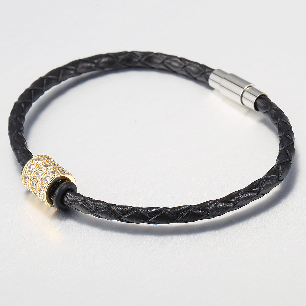 4mm Mens Leather Bracelet CZ Bead Charm Braided Rope Chain