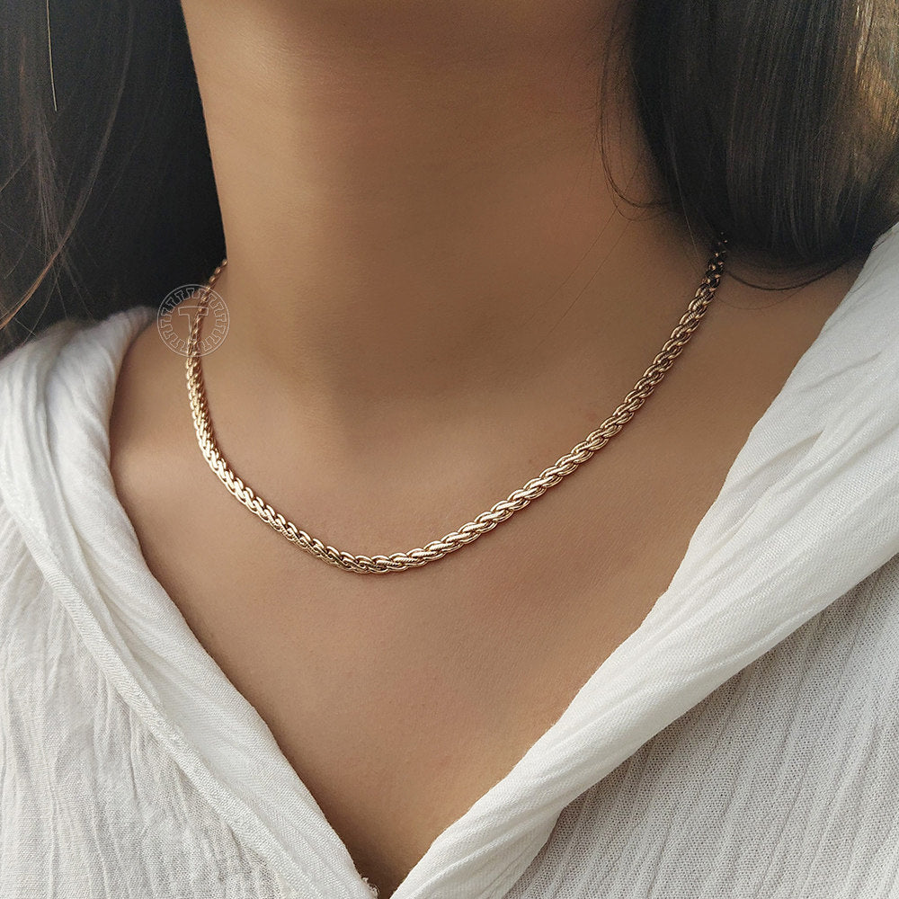 4mm 585 Rose Gold Hammered Braided Wheat Chain Necklace 24inch