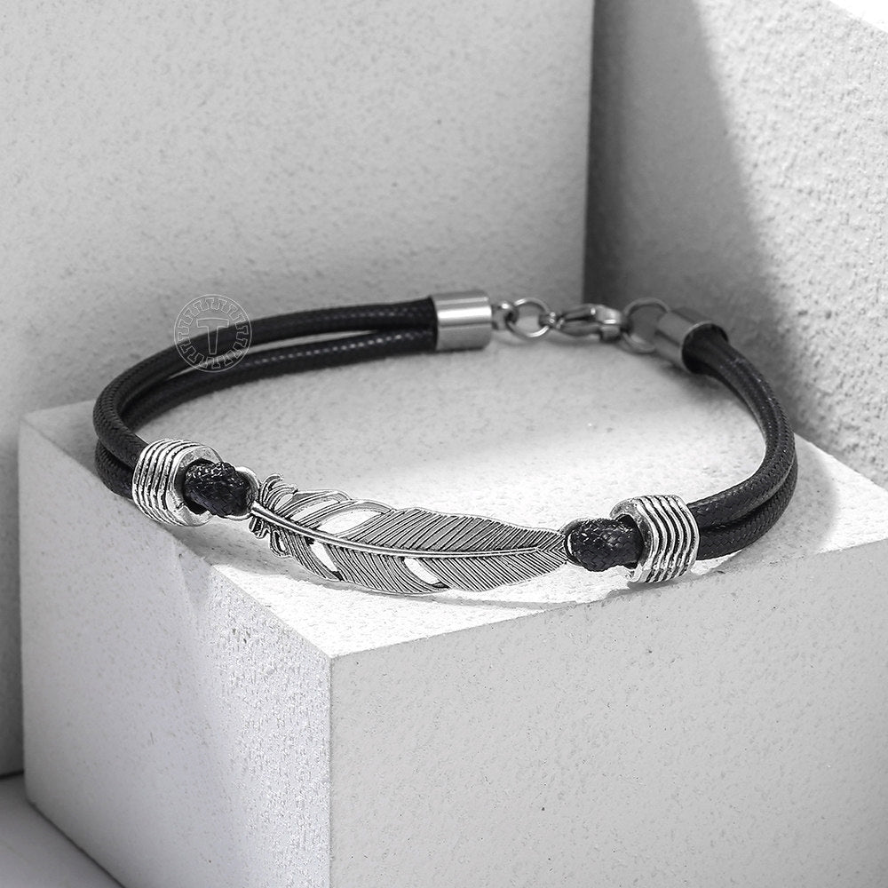 Leather Feather Anklet Stainless Steel Adjustable
