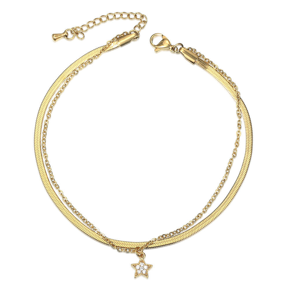 Gold Layered Star Charm Anklet Herringbone Rolo Chain 9+1.5inch