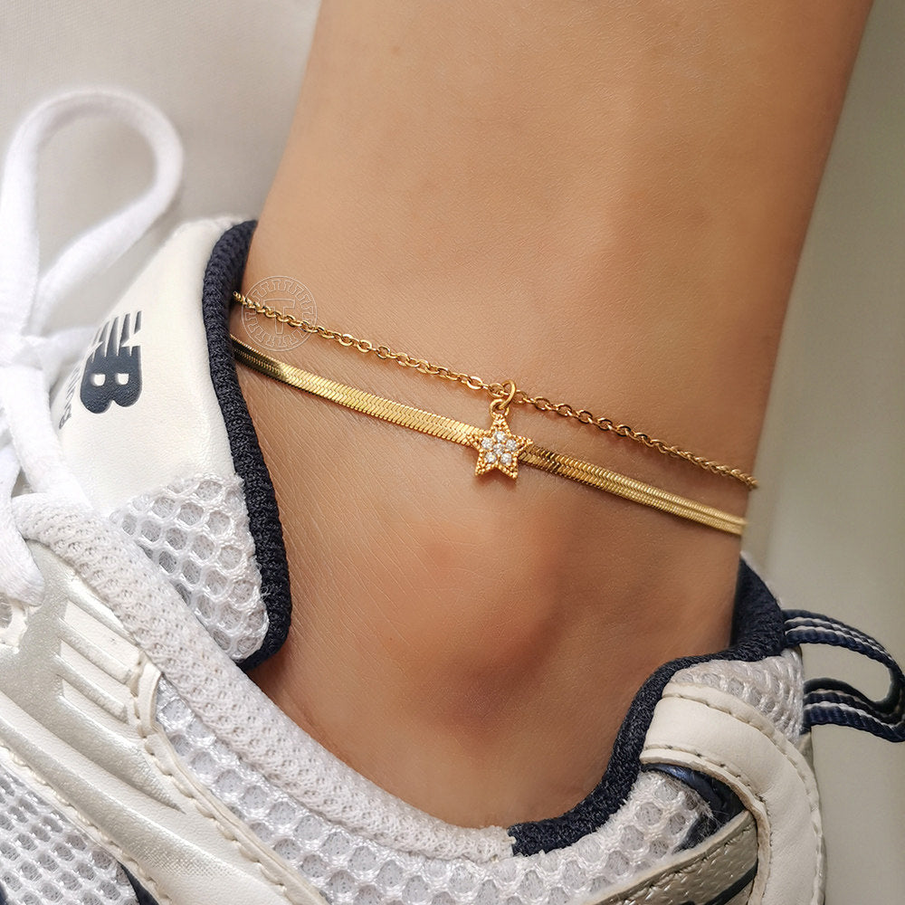 Gold Layered Star Charm Anklet Herringbone Rolo Chain 9+1.5inch