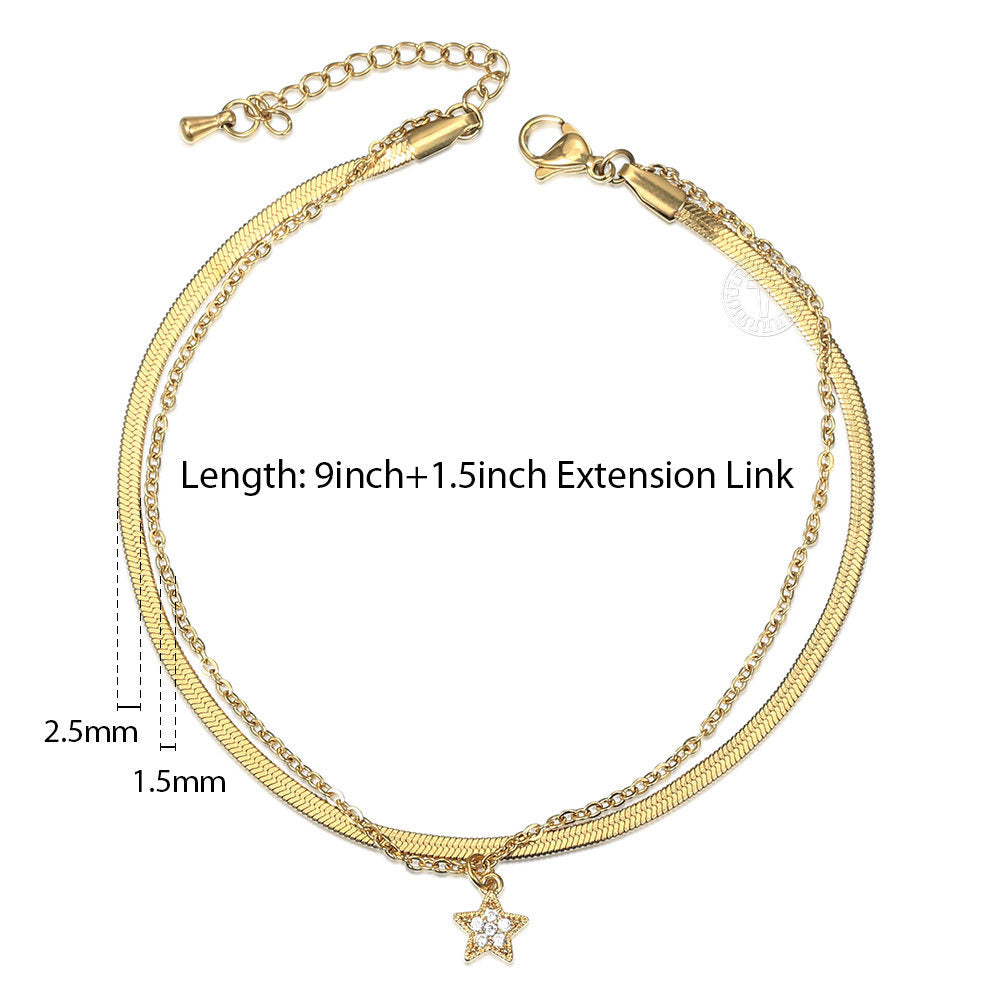 Gold Layered Star Charm Anklet Herringbone Rolo Chain 9+1.5inch