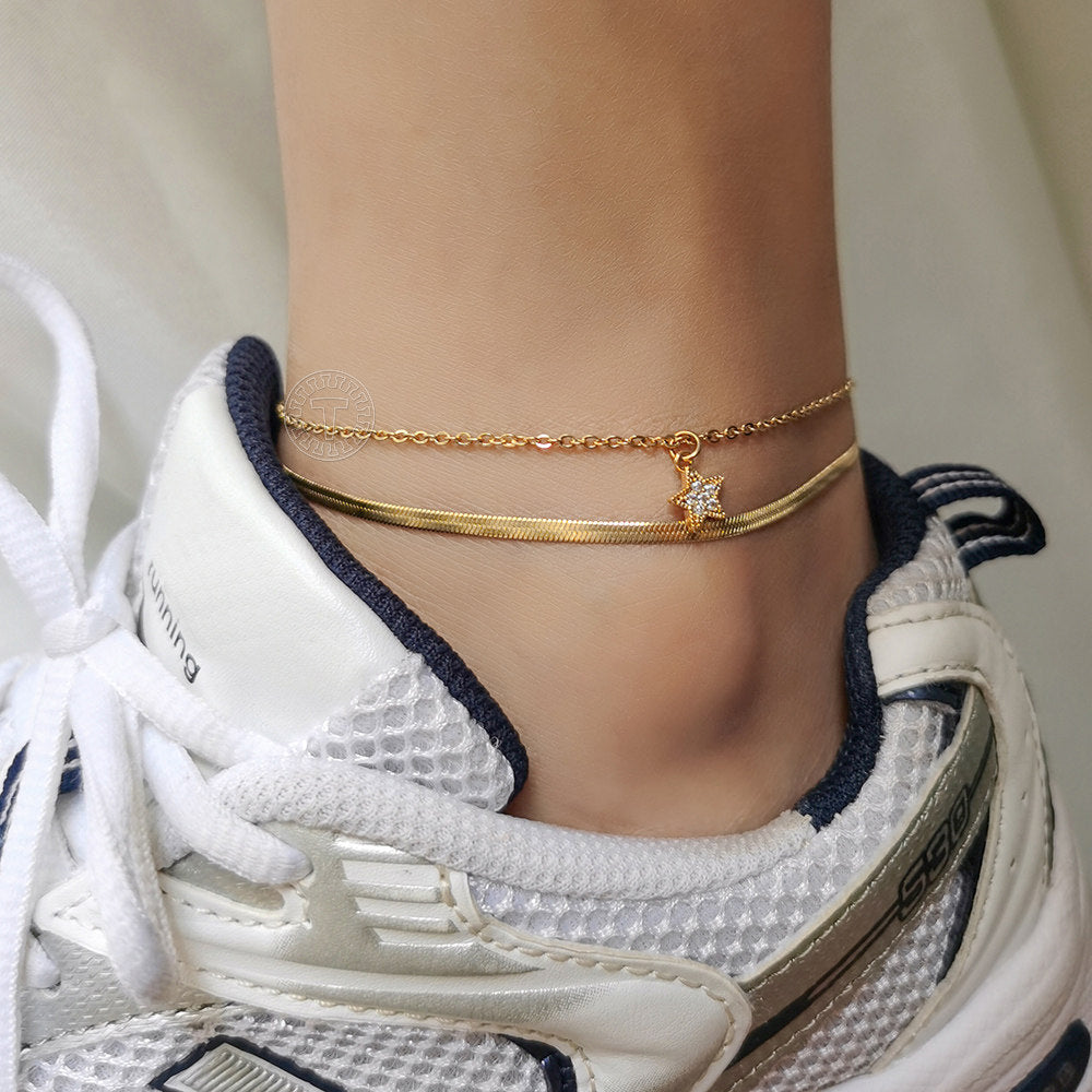 Gold Layered Star Charm Anklet Herringbone Rolo Chain 9+1.5inch