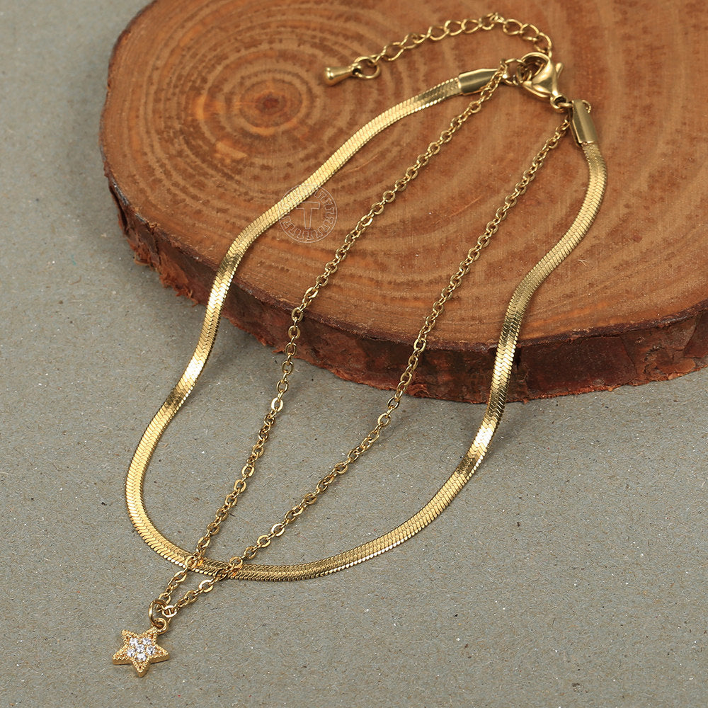 Gold Layered Star Charm Anklet Herringbone Rolo Chain 9+1.5inch