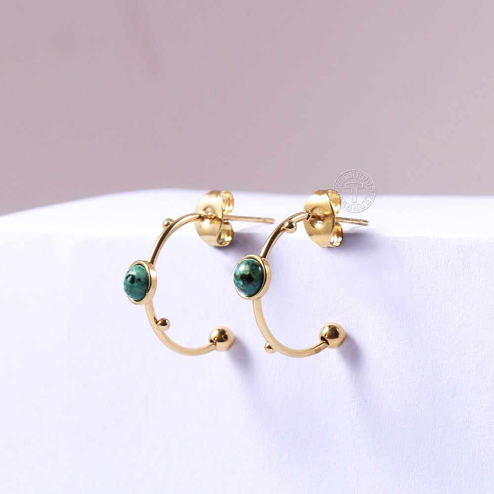 Gold C-shaped Round Bead Earrings Green Stone Hoop Earrings