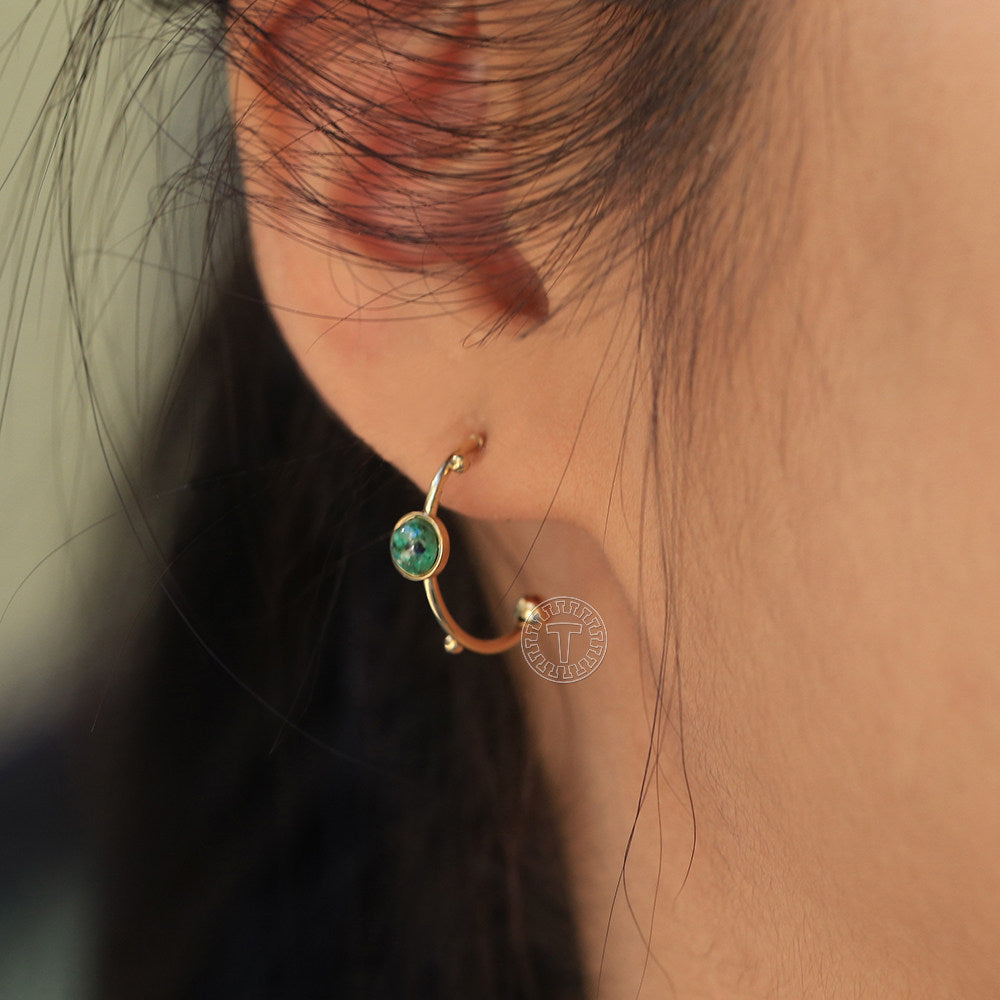 Gold C-shaped Round Bead Earrings Green Stone Hoop Earrings