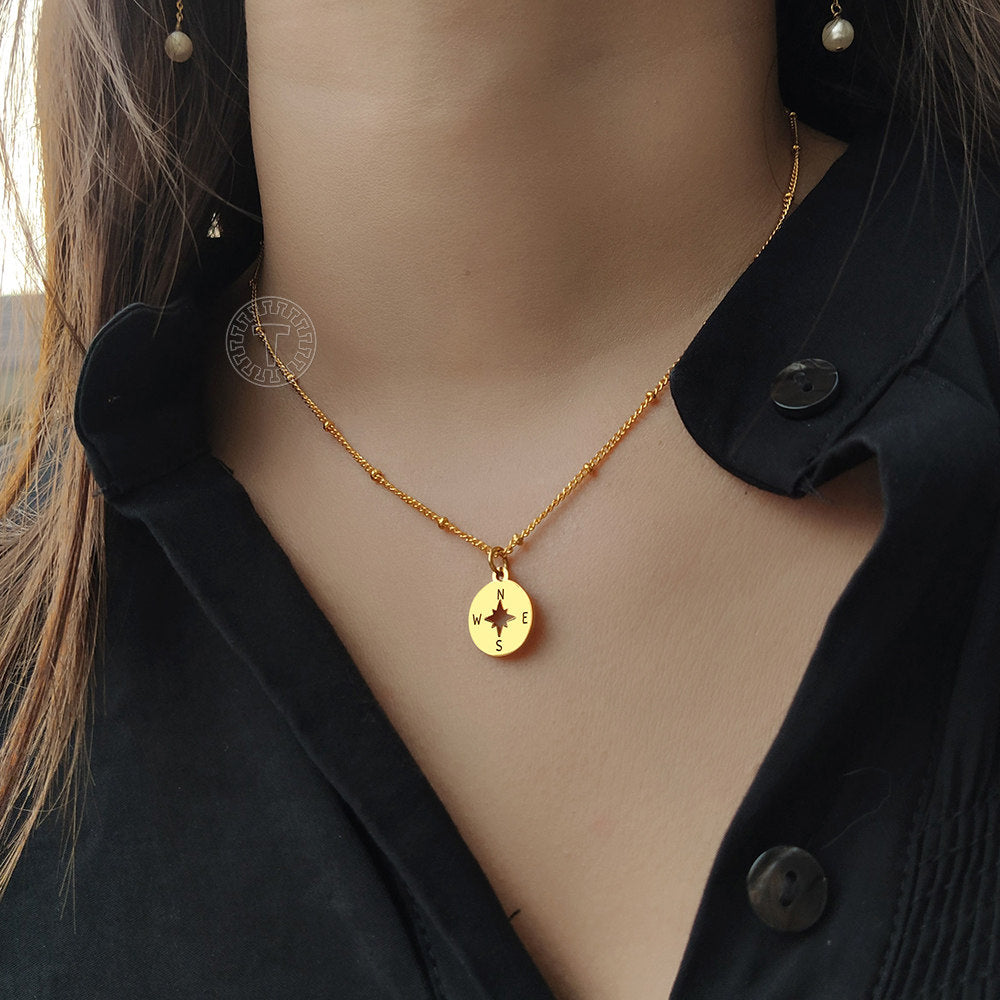Gold Compass Pendant Necklace Satellite Chain 16+2inch