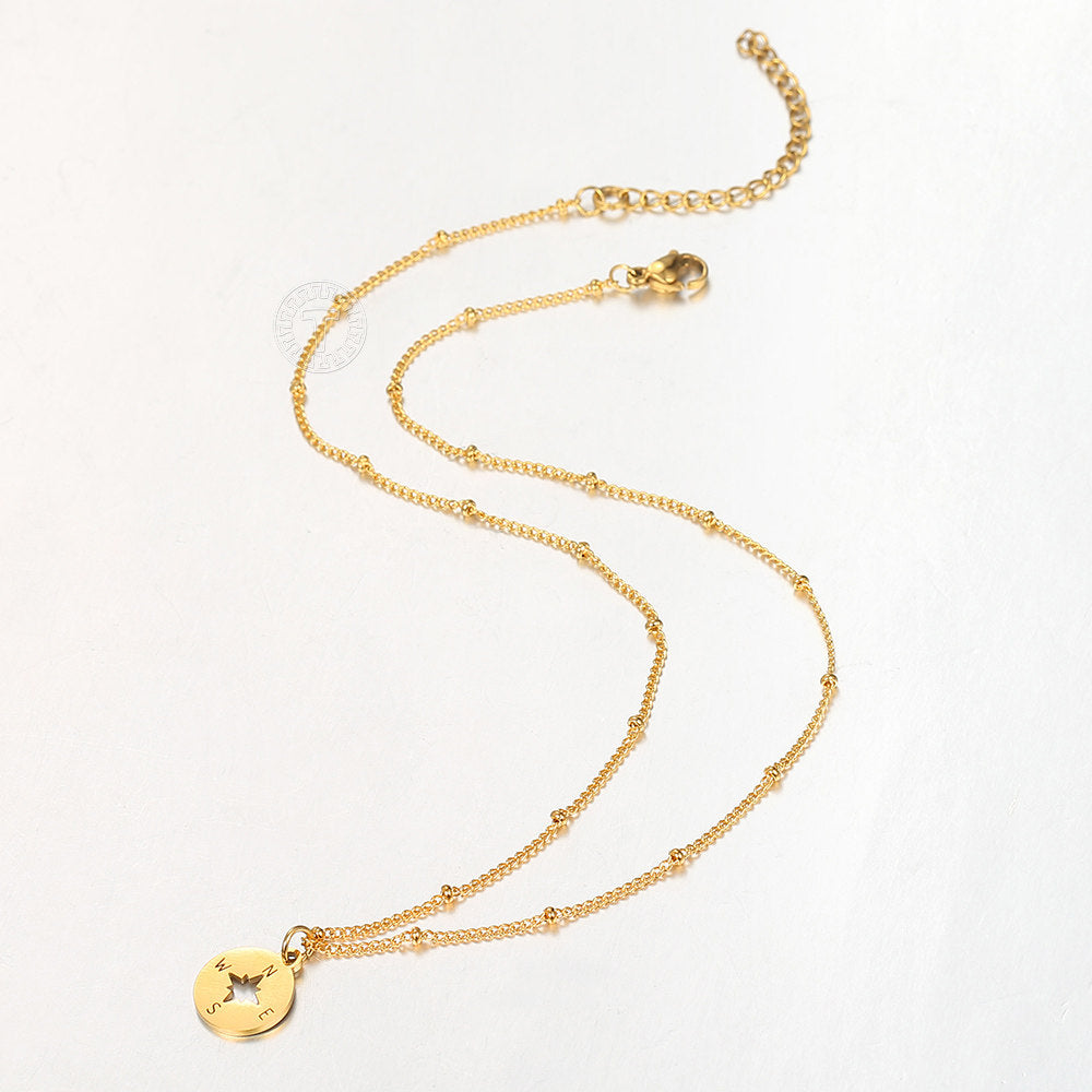 Gold Compass Pendant Necklace Satellite Chain 16+2inch