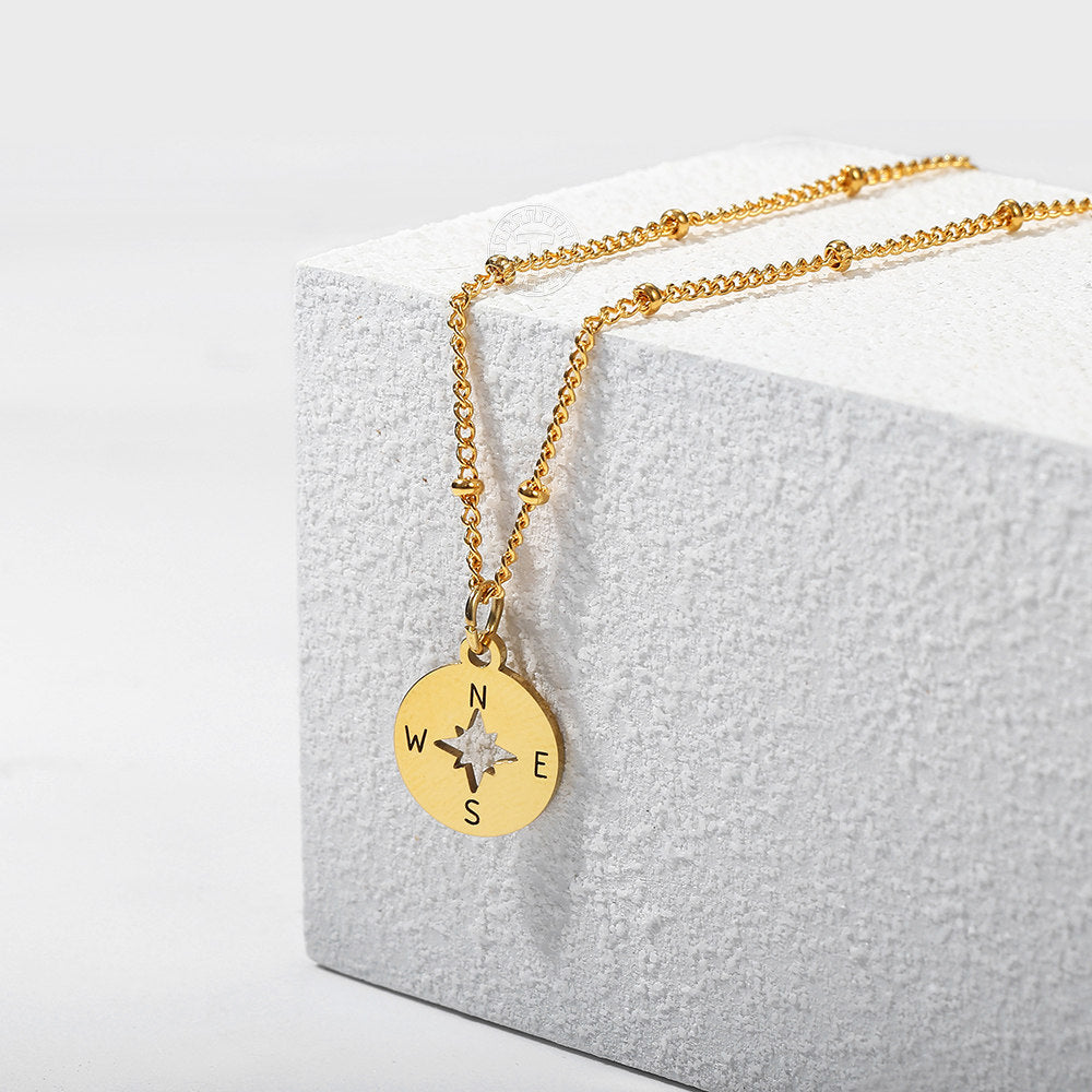 Gold Compass Pendant Necklace Satellite Chain 16+2inch