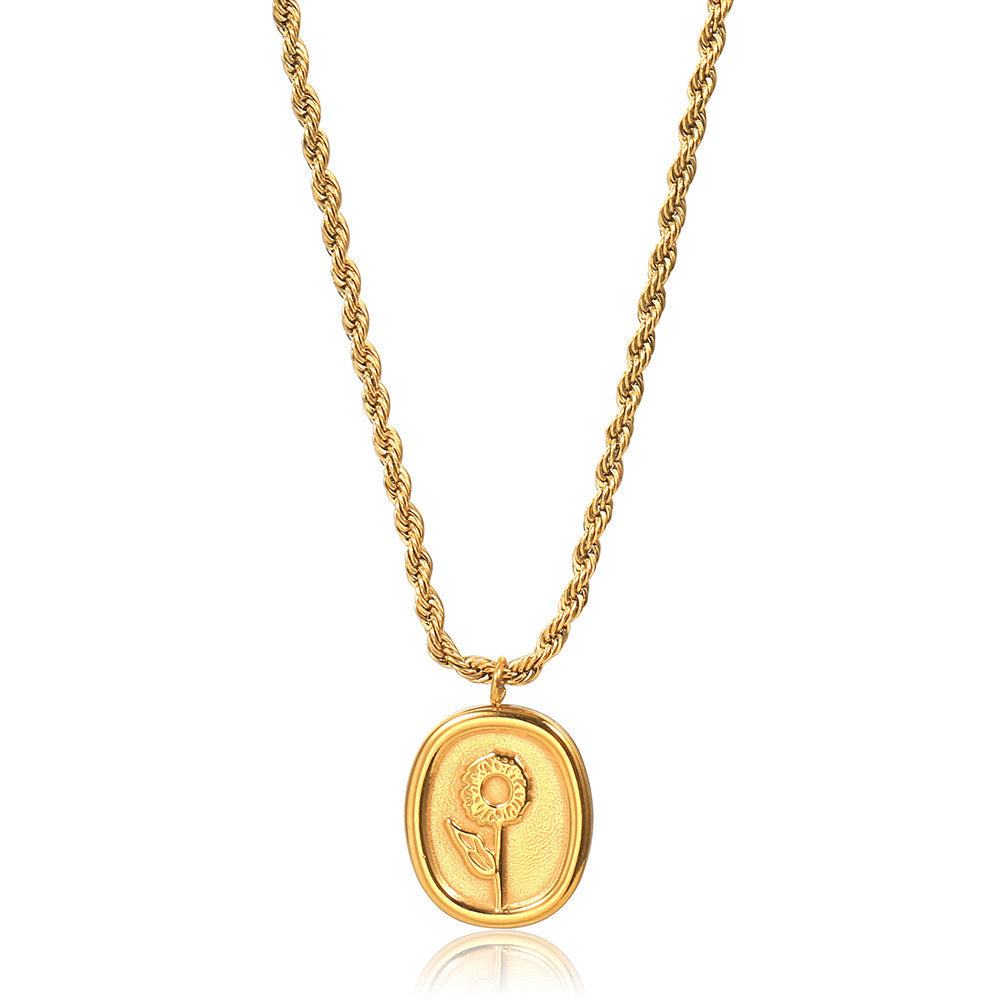 3mm Gold Flower Pendant Necklace Twisted Rope Link Chain Oval Charm Necklace 16+2inch