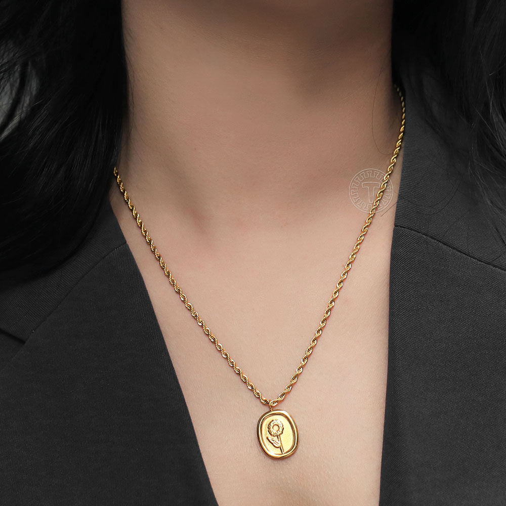 3mm Gold Flower Pendant Necklace Twisted Rope Link Chain Oval Charm Necklace 16+2inch