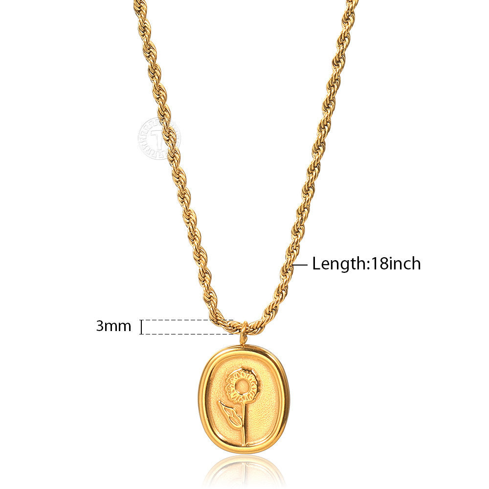 3mm Gold Flower Pendant Necklace Twisted Rope Link Chain Oval Charm Necklace 16+2inch