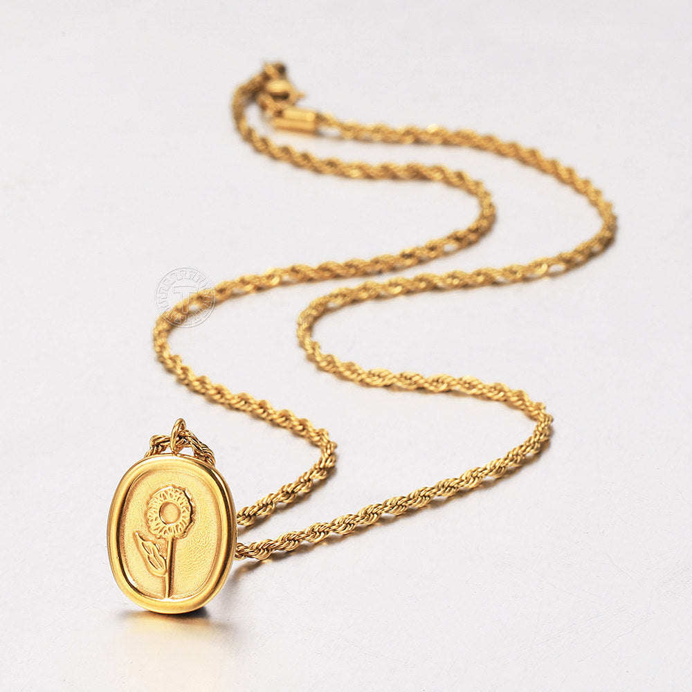 3mm Gold Flower Pendant Necklace Twisted Rope Link Chain Oval Charm Necklace 16+2inch