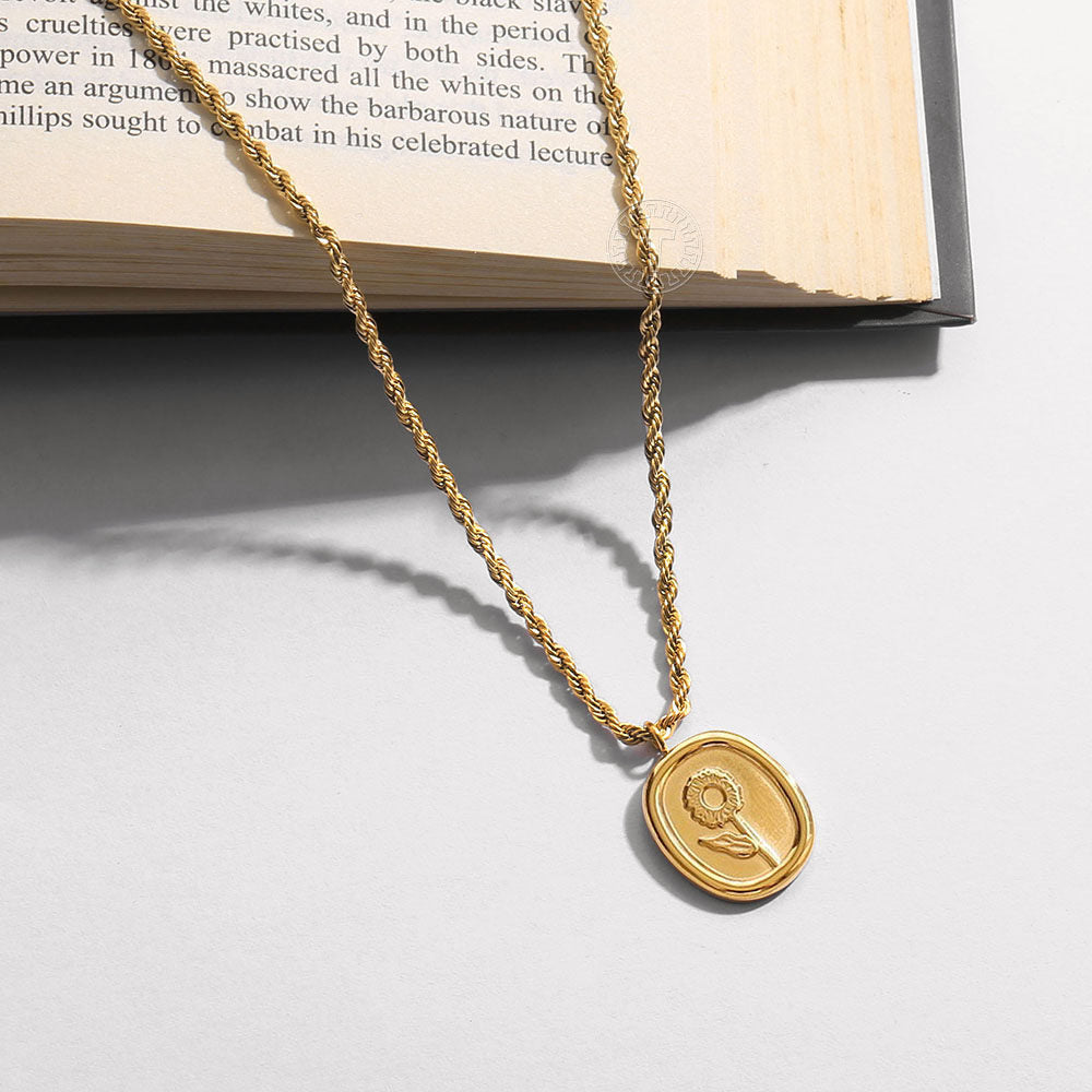 3mm Gold Flower Pendant Necklace Twisted Rope Link Chain Oval Charm Necklace 16+2inch