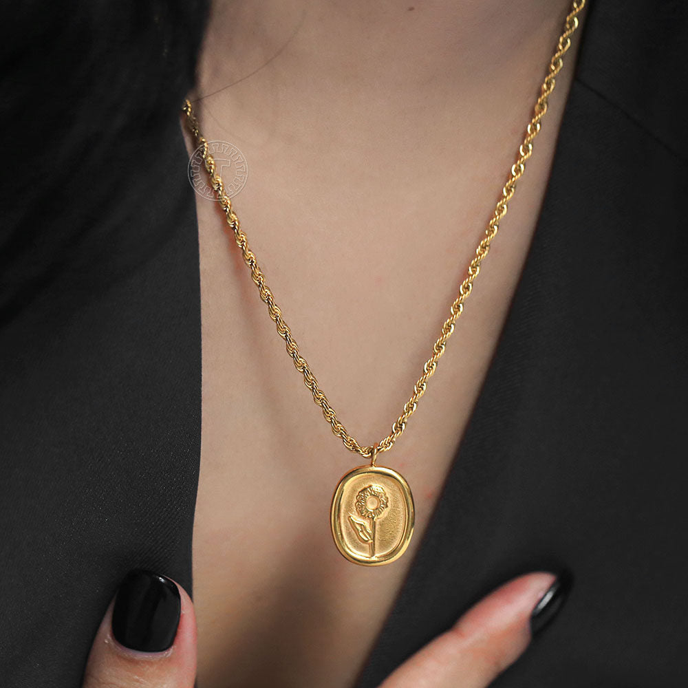 3mm Gold Flower Pendant Necklace Twisted Rope Link Chain Oval Charm Necklace 16+2inch