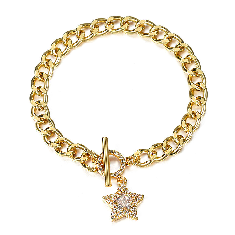 6mm Gold CZ Paved Star Charm Bracelet Cuban Chain Toggle 7inch