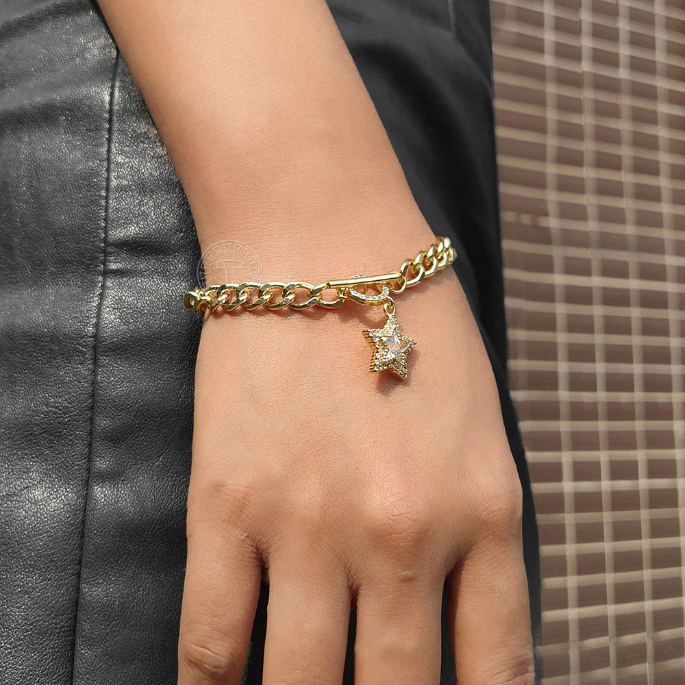 6mm Gold CZ Paved Star Charm Bracelet Cuban Chain Toggle 7inch