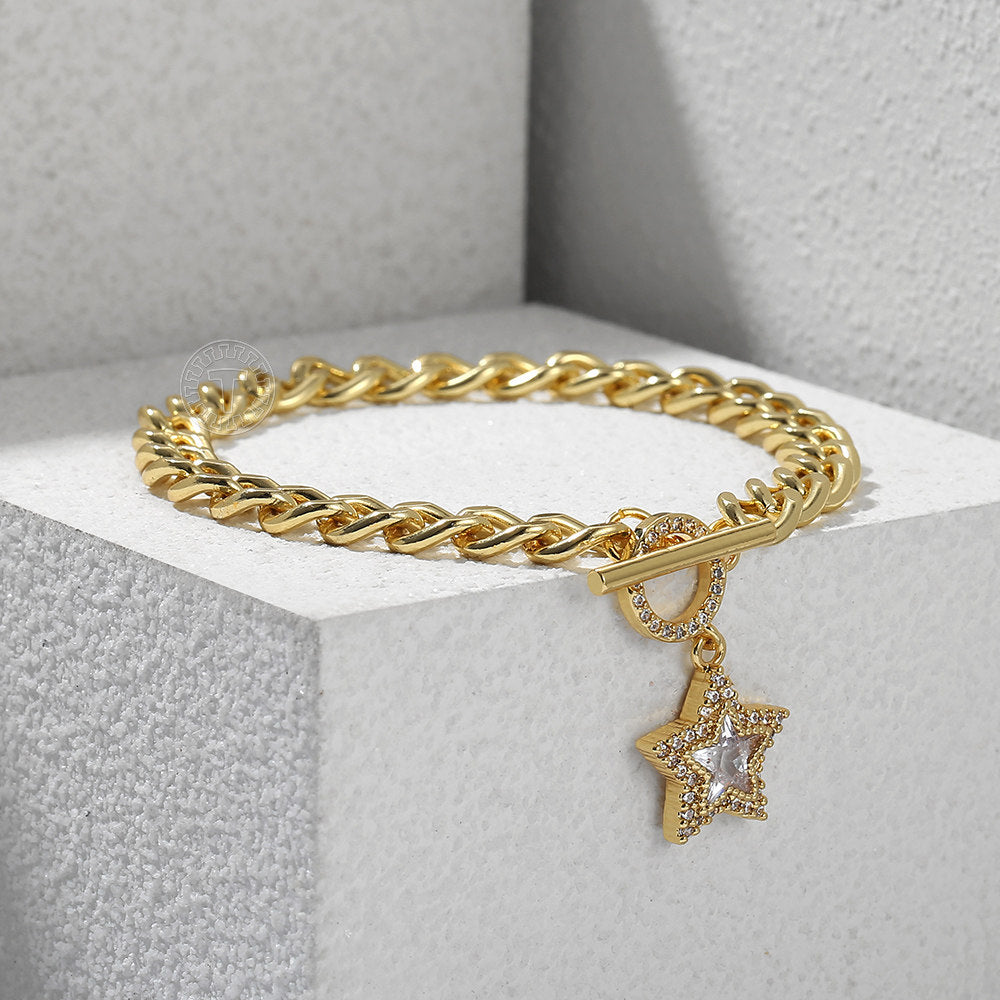 6mm Gold CZ Paved Star Charm Bracelet Cuban Chain Toggle 7inch