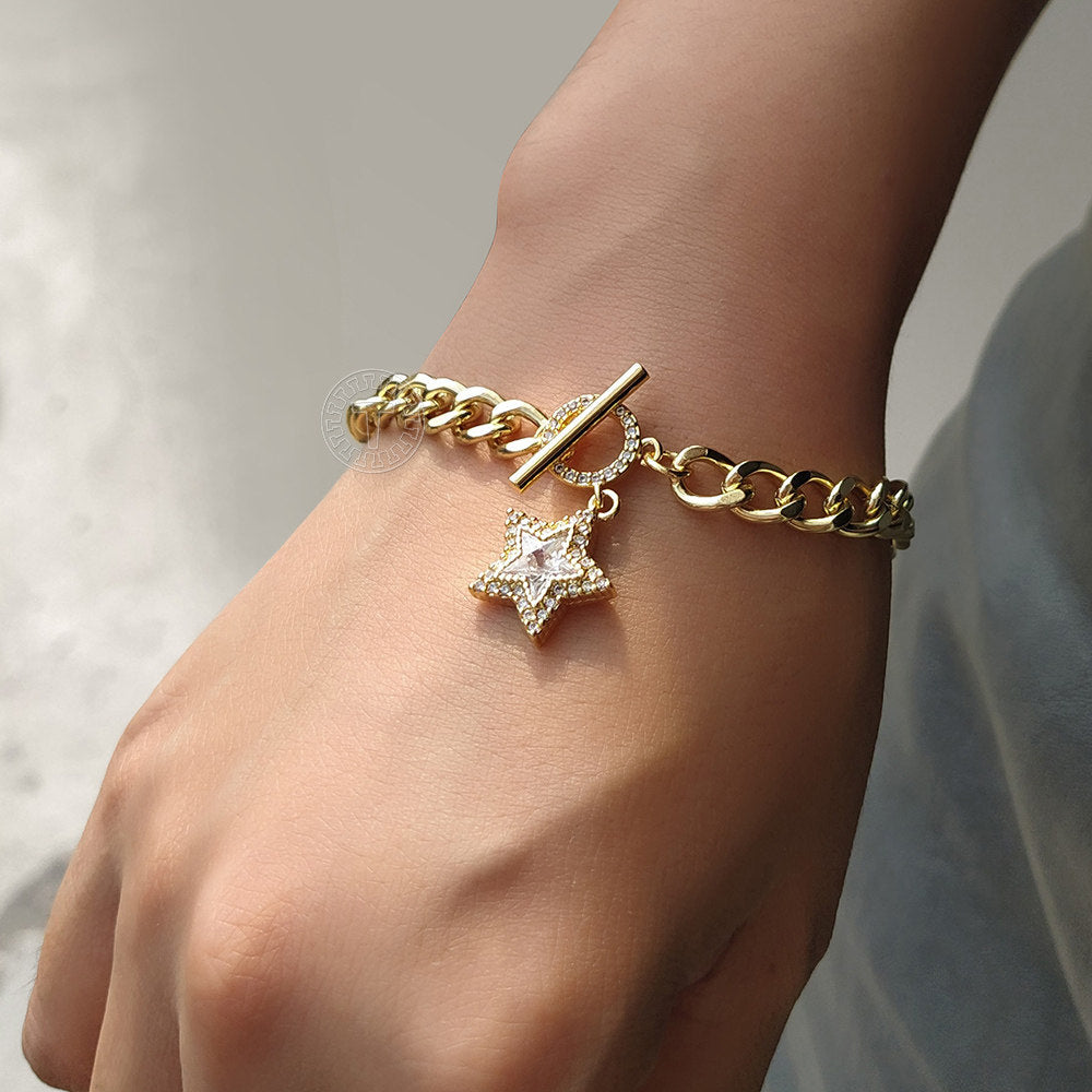 6mm Gold CZ Paved Star Charm Bracelet Cuban Chain Toggle 7inch