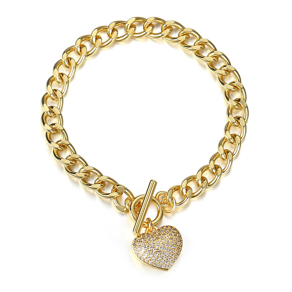 6mm Gold CZ Paved Heart Charm Bracelet Cuban Chain Toggle 7inch