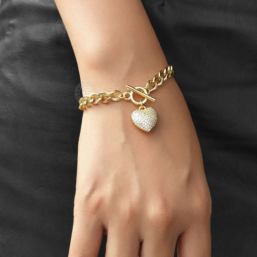 6mm Gold CZ Paved Heart Charm Bracelet Cuban Chain Toggle 7inch