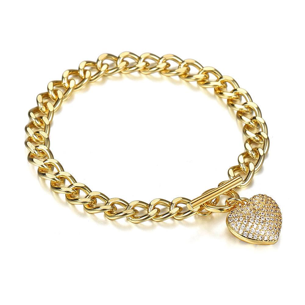 6mm Gold CZ Paved Heart Charm Bracelet Cuban Chain Toggle 7inch
