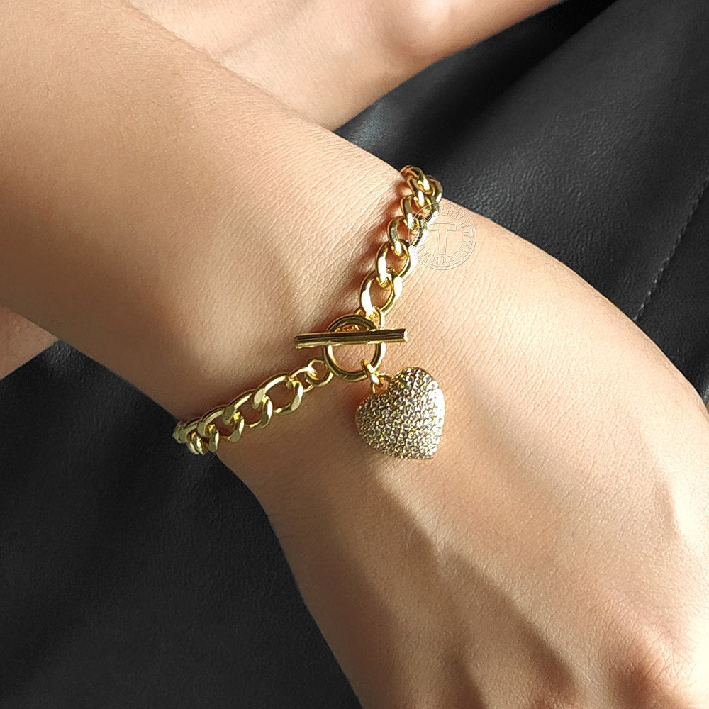 6mm Gold CZ Paved Heart Charm Bracelet Cuban Chain Toggle 7inch