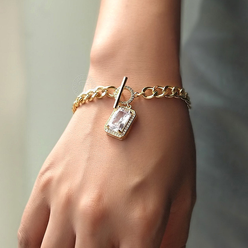 6mm Gold CZ Paved Rectangle Cube Charm Bracelet Cuban Chain Toggle 7inch