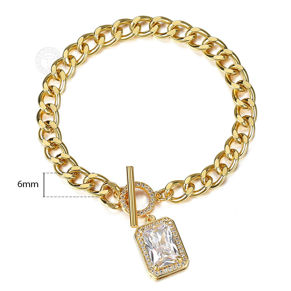 6mm Gold CZ Paved Rectangle Cube Charm Bracelet Cuban Chain Toggle 7inch