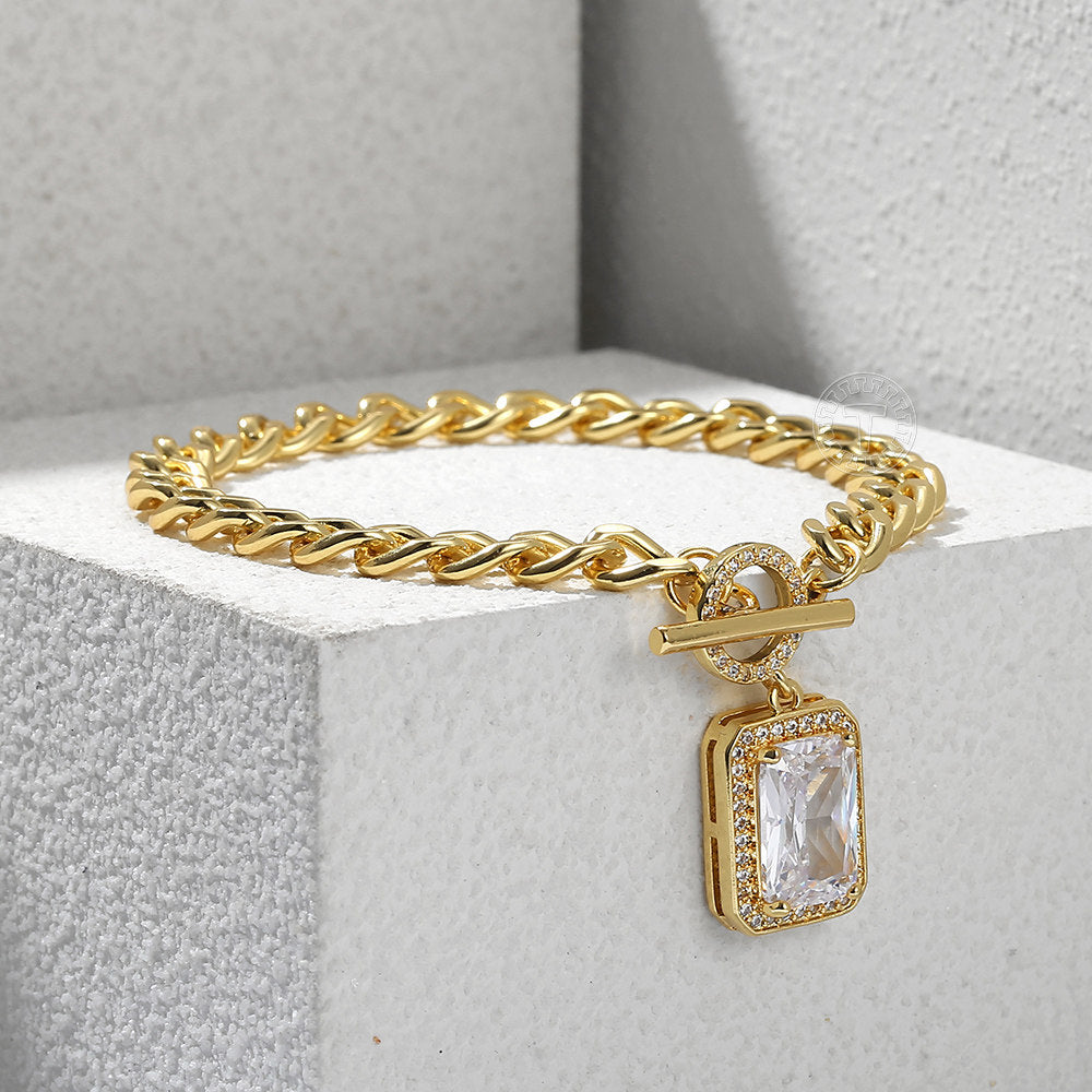 6mm Gold CZ Paved Rectangle Cube Charm Bracelet Cuban Chain Toggle 7inch