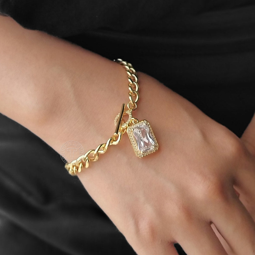 6mm Gold CZ Paved Rectangle Cube Charm Bracelet Cuban Chain Toggle 7inch
