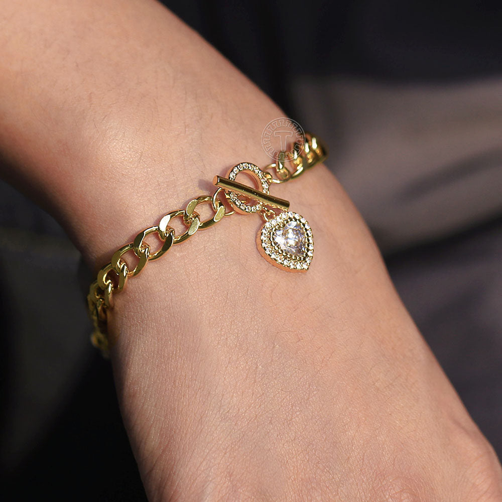 6mm Gold Heart Love Charm Bracelet Cubic Zirconia Heart Pendant Bracelet Toggle 7.5inch