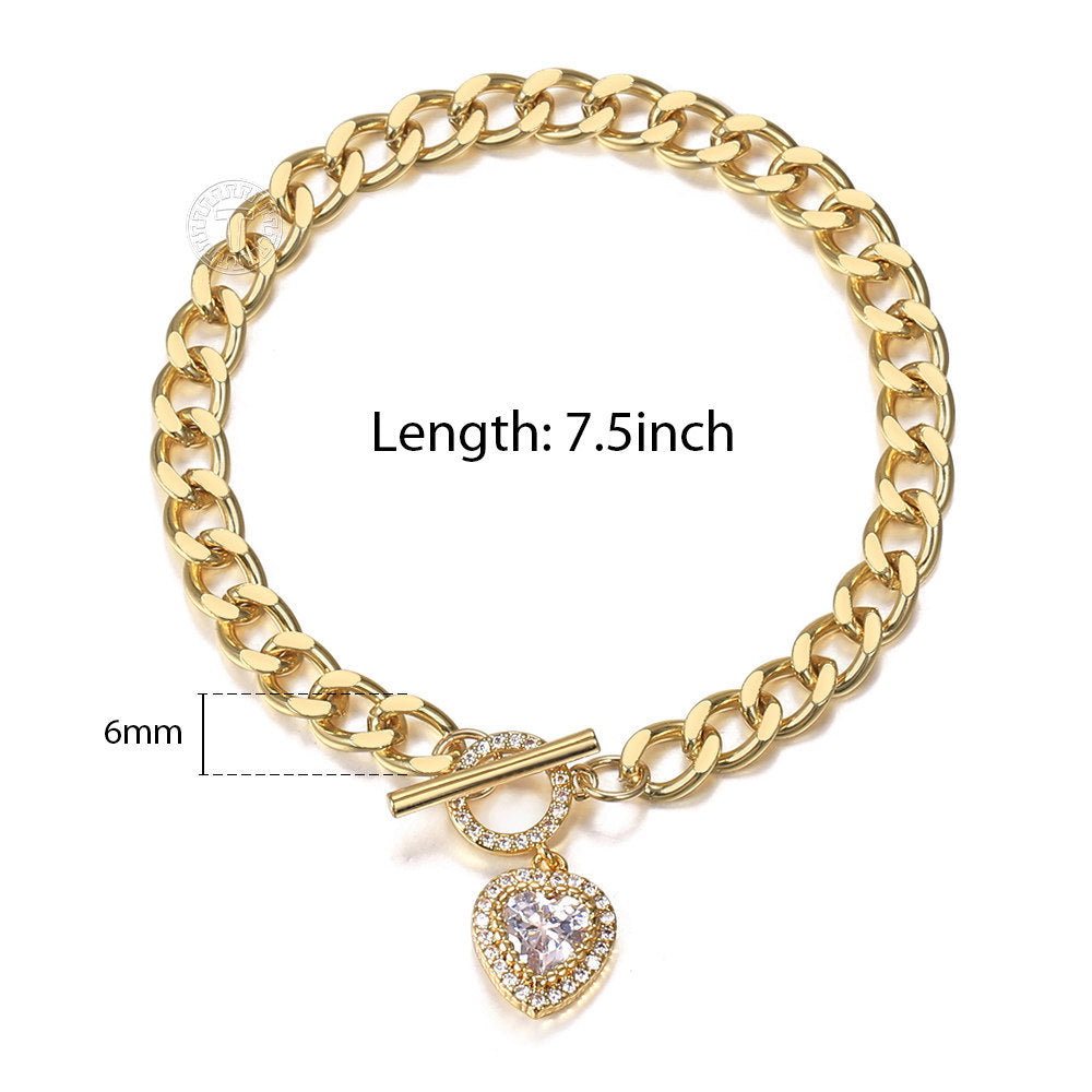 6mm Gold Heart Love Charm Bracelet Cubic Zirconia Heart Pendant Bracelet Toggle 7.5inch