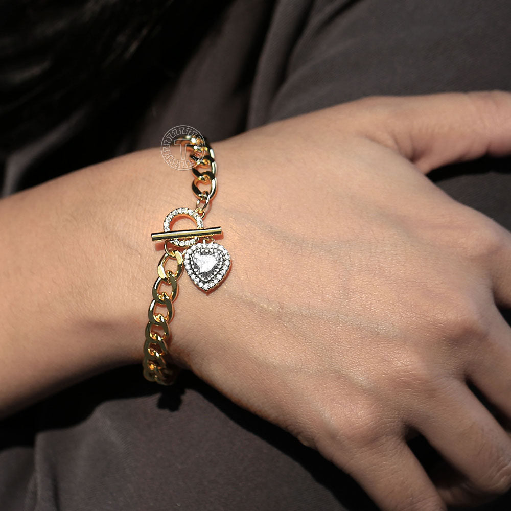 6mm Gold Heart Love Charm Bracelet Cubic Zirconia Heart Pendant Bracelet Toggle 7.5inch
