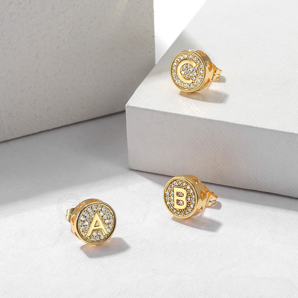 11mm Gold Initial Stud Earrings for Men Women Cubic Zirconia