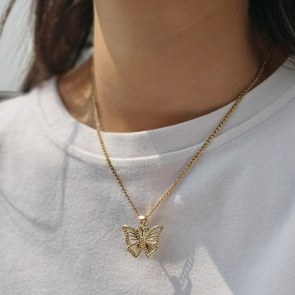 Gold CZ Butterfly Pendant Necklace Cuban Chain 20+2inch