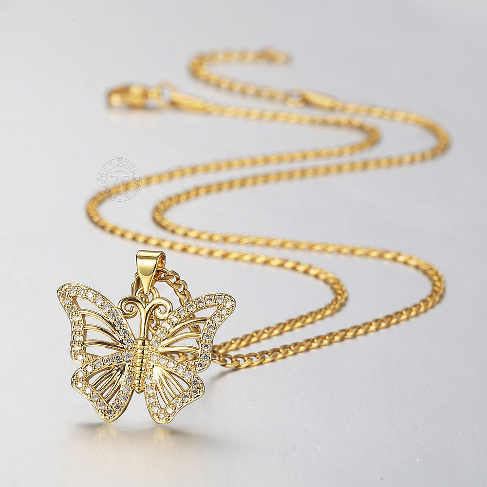 Gold CZ Butterfly Pendant Necklace Cuban Chain 20+2inch