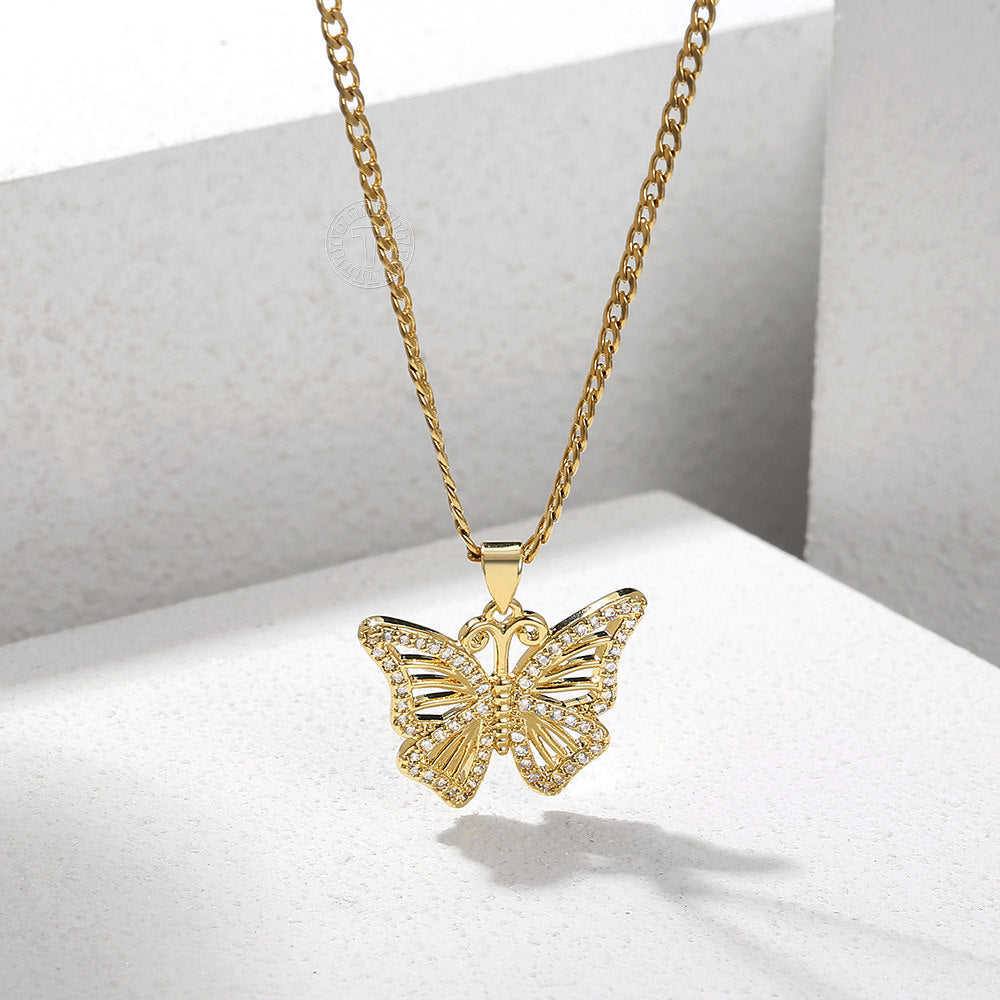 Gold CZ Butterfly Pendant Necklace Cuban Chain 20+2inch