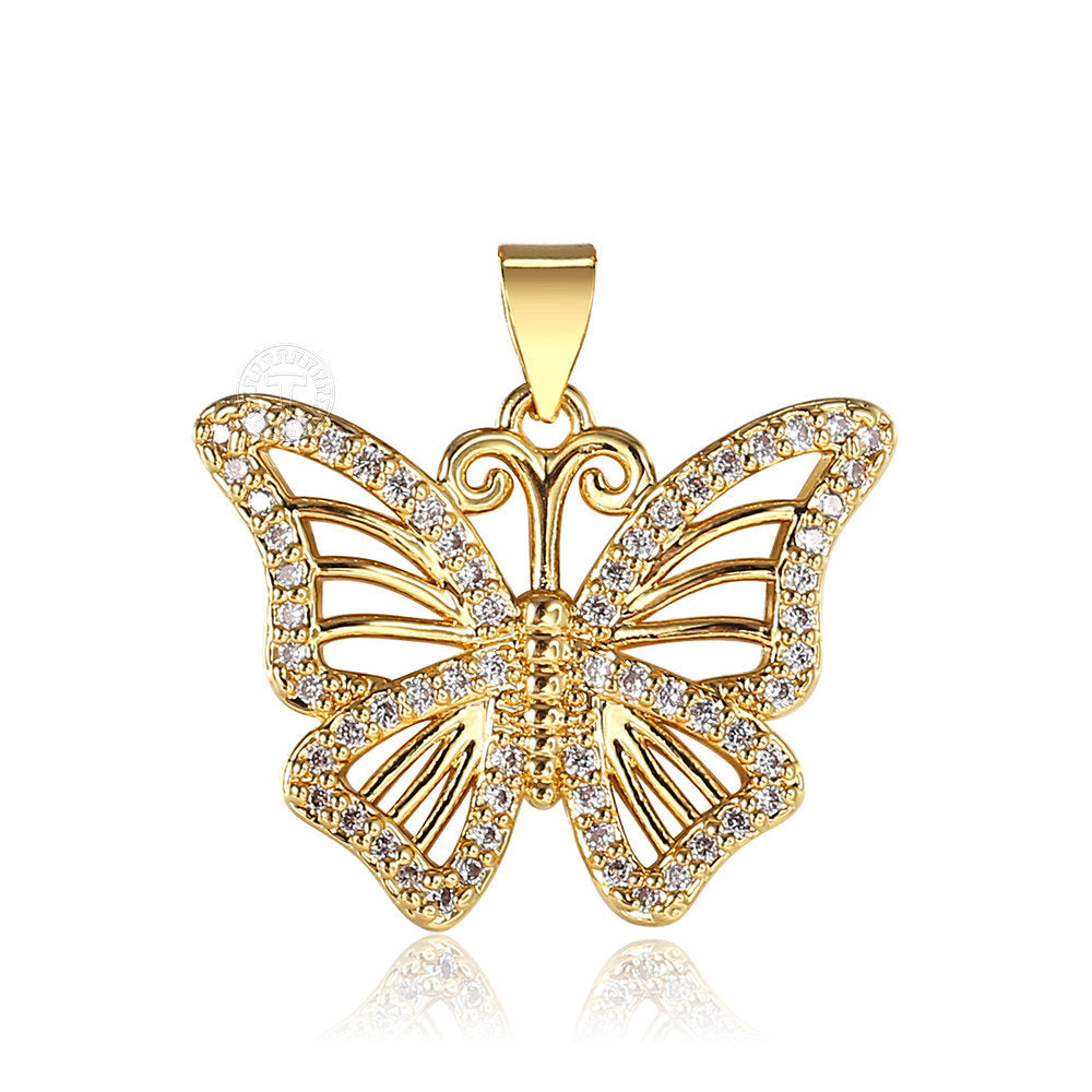 Gold CZ Butterfly Pendant Necklace Cuban Chain 20+2inch