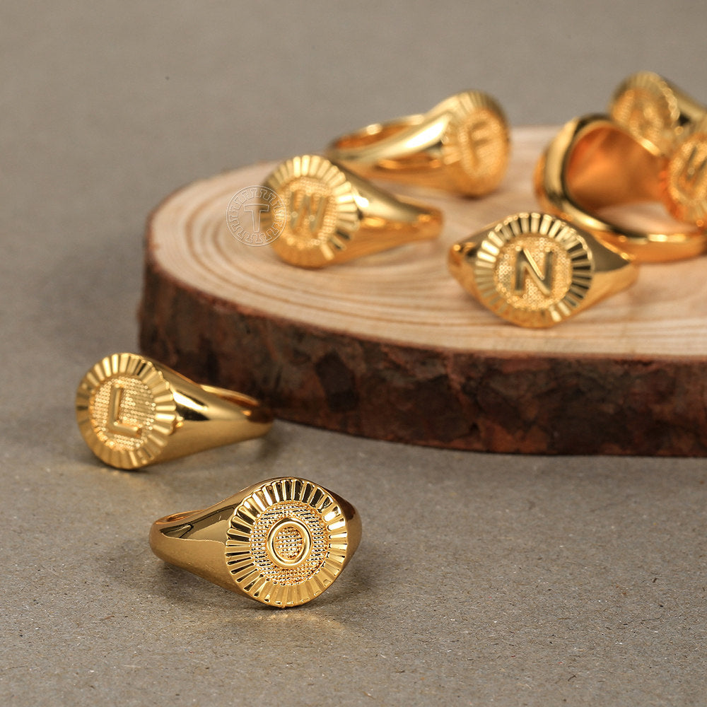 Gold Initial Signet Ring Monogram Knuckle Ring US Size 7