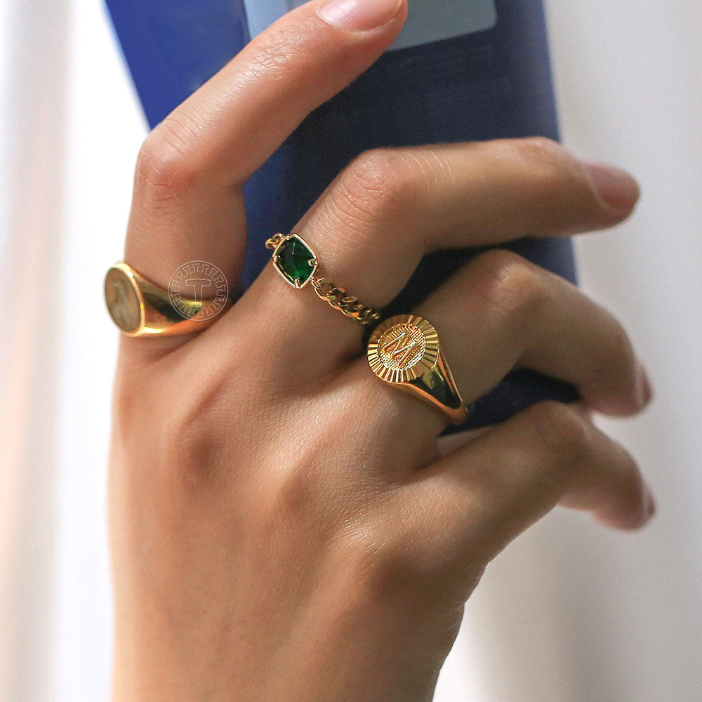 Gold Initial Signet Ring Monogram Knuckle Ring US Size 7