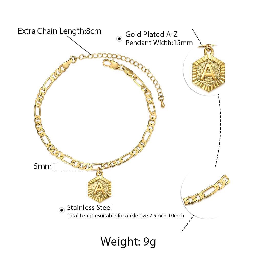 Gold Hexagon Initial Charm Anklet 8+3inch