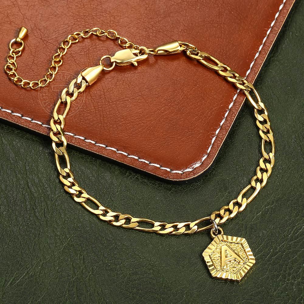 Gold Hexagon Initial Charm Anklet 8+3inch