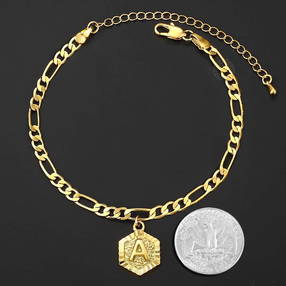 Gold Hexagon Initial Charm Anklet 8+3inch