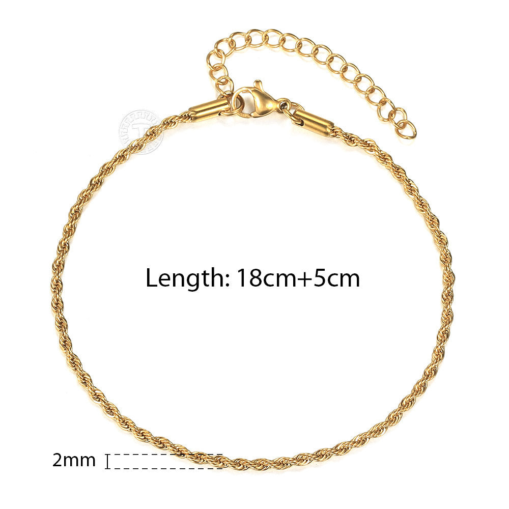 2/3/4/5mm Gold Rope Chain Bracelet Stainless Steel 7+2inch
