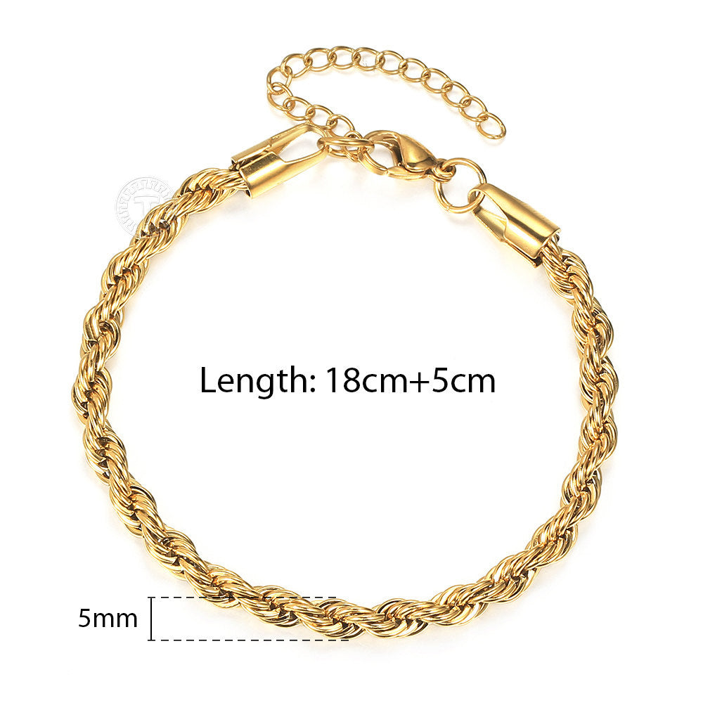 2/3/4/5mm Gold Rope Chain Bracelet Stainless Steel 7+2inch