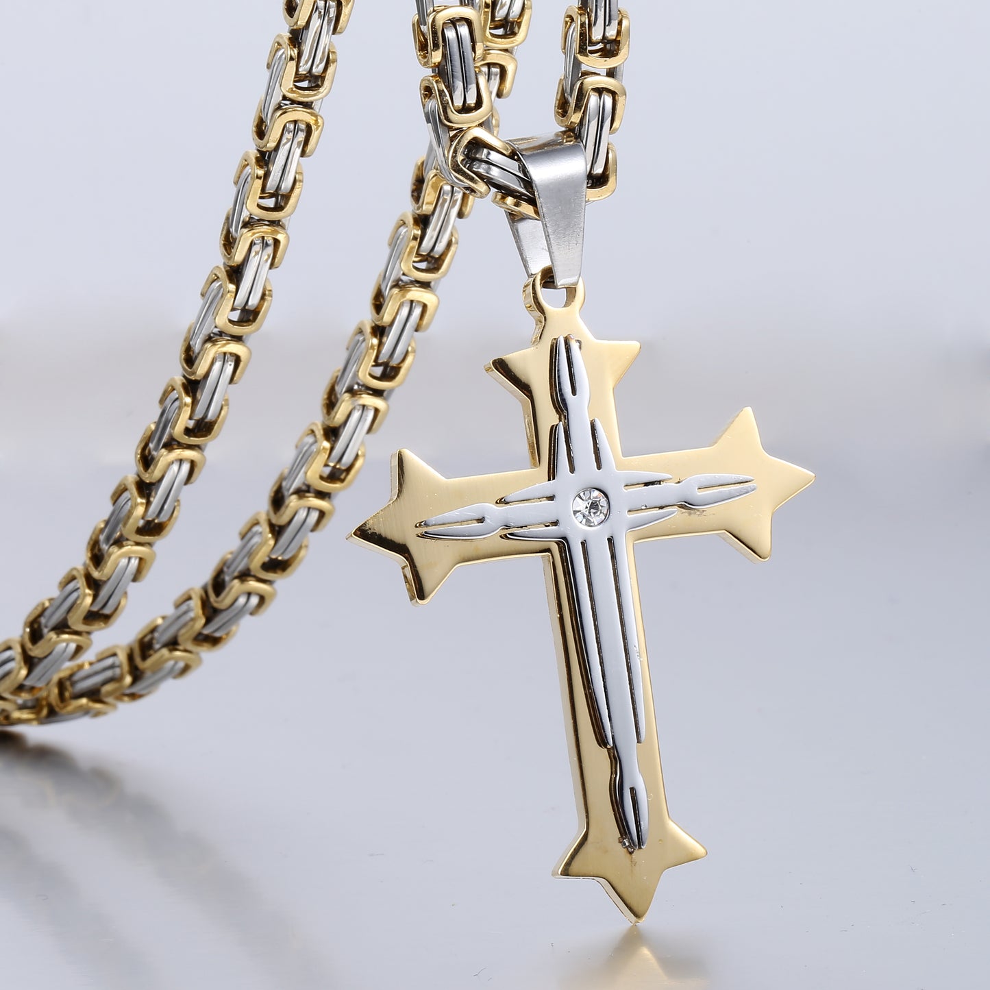 5mm Gold Silver Cross Pendant Necklace Byzantine Chain 18-30inch