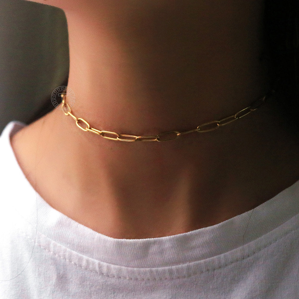 4mm Gold Paperclip Chain Choker Necklace Stainless Steel 16/18inch