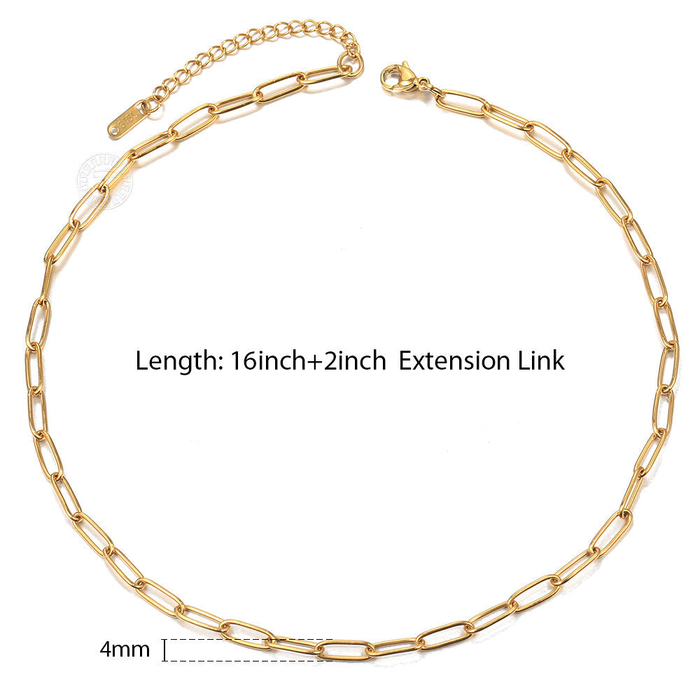 4mm Gold Paperclip Chain Choker Necklace Stainless Steel 16/18inch