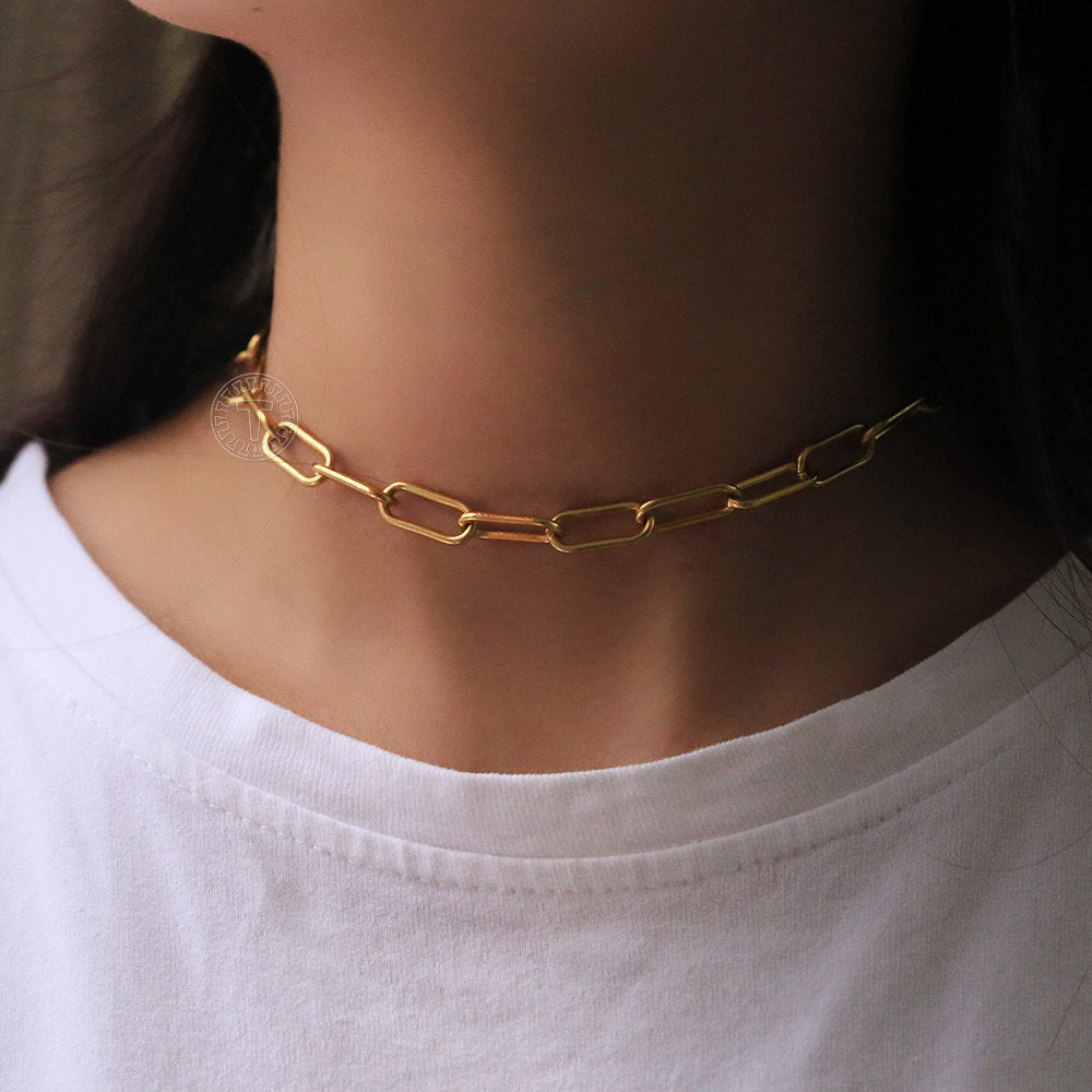 7mm Gold Paperclip Chain Choker Necklace Stainless Steel 14+2inch